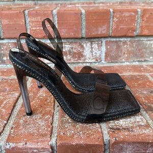 Good American Black Slingback Heels with Metallic Stiletto